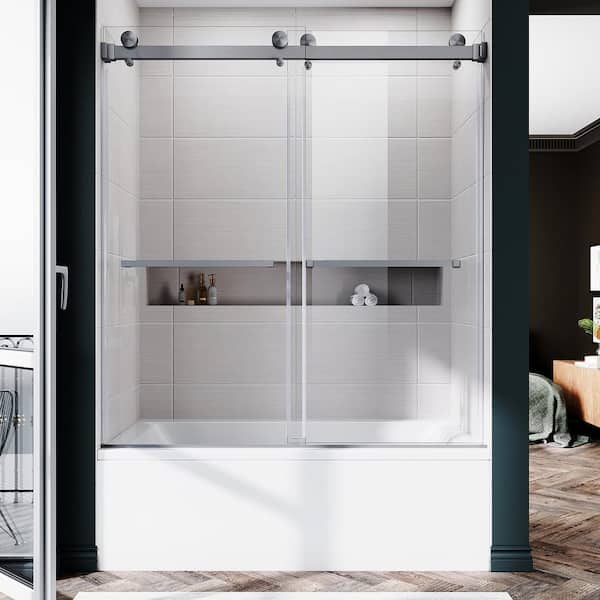 UNIKOO UKD01 61 to 65 in. W x 66 in. H Double Sliding Frameless Bathtub Door in Stainless Steel with EnduroShield Clear Glass