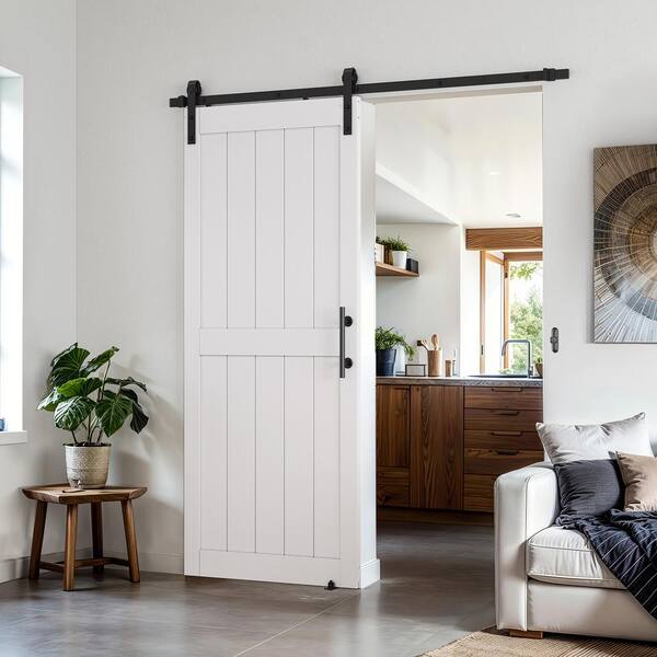 SOCBAZZAR - 34 in. x 96 in. 2-Panel Plank White MDF Interior Sliding Barn Door with Hardware Kit