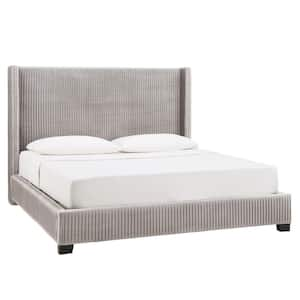 Taupe Gray Pleated Velvet King Wingback Bed