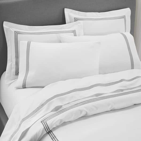 Home Decorators Collection 300 Thread Count Cotton White and Stone Gray Hotel Embroidered Border 4-Piece King Sheet Set