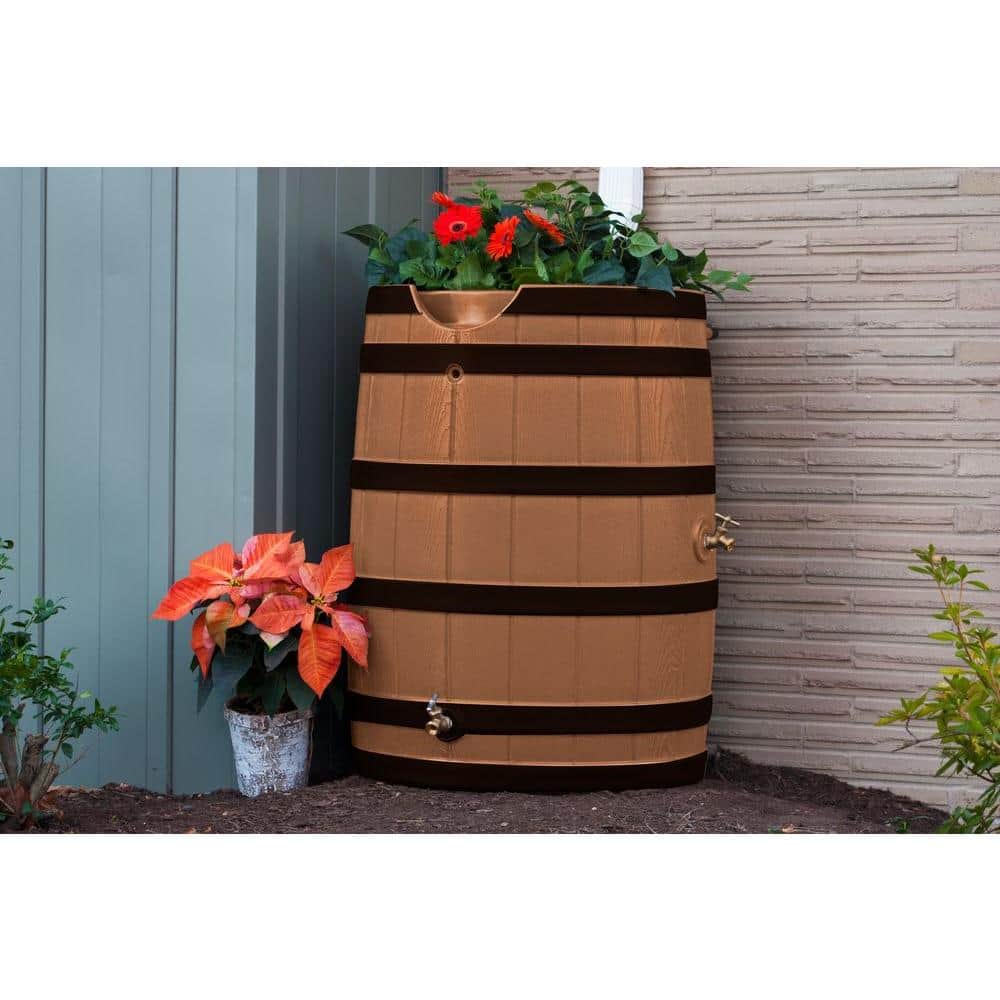 Terra Cotta 65-Gallon Faux Oak Rain Barrel with Darkened Ribs
