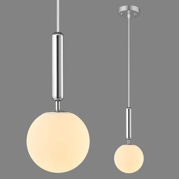 Home Lighting 40W 1-Light Mid Century Chrome Retro Pendant Light with Globe Milky White Glass for Bedroom, 1 Pack