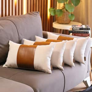 Bohemian Vegan Faux Leather Ivory and Brown 12 in. x 20 in. Lumbar Solid Throw Pillow Set of 4