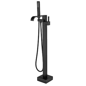 Single-Handle Freestanding Tub Faucet with Hand Shower Brass Waterfall Floor Mount Tub Filler in Matte Black