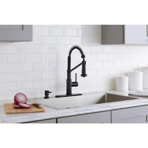 Gage Single-Handle Spring Neck Pull-Down Sprayer Kitchen Faucet with Soap Dispenser in Matte Black