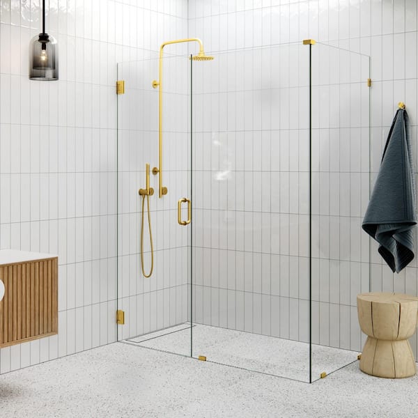 58 in. W x 34 in. D x 78 in. H Pivot Frameless Corner Shower Enclosure in Satin Brass Finish with Clear Glass