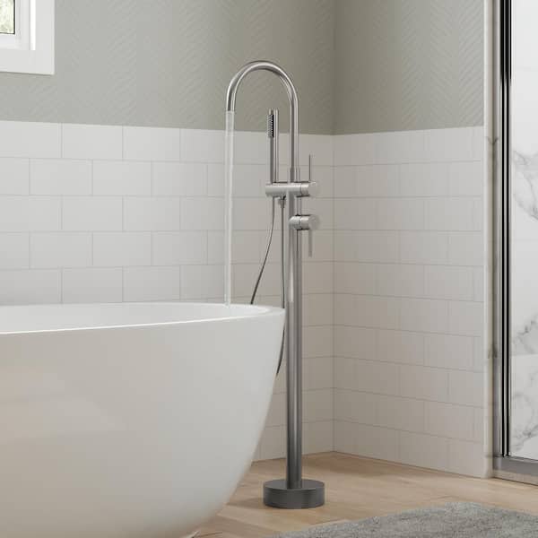 2-Handle Floor Mount Freestanding Tub Faucet with Hand Shower in Brushed Nickel
