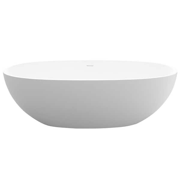 70.9 in. x 35.4 in. Solid Surface Stone Flatbottom Freestanding Soaking Bathtub with Center Drain in White