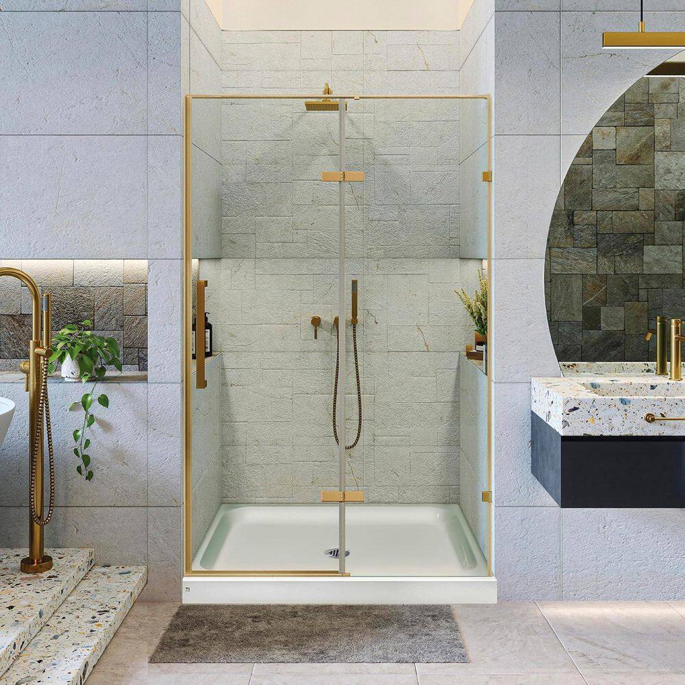 48 in. W x 74 in. H Hinged Frameless Shower Door with Shower Base in Satin Brass Finish with Clear Glass price history on PriceWatchPro