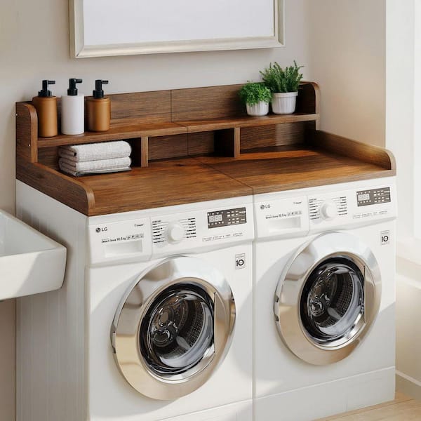 2-Layer Washer Dryer Countertop with Non-Slip Pads and Edge, Laundry Wood Shelf Topper Storage Organizer in Walnut
