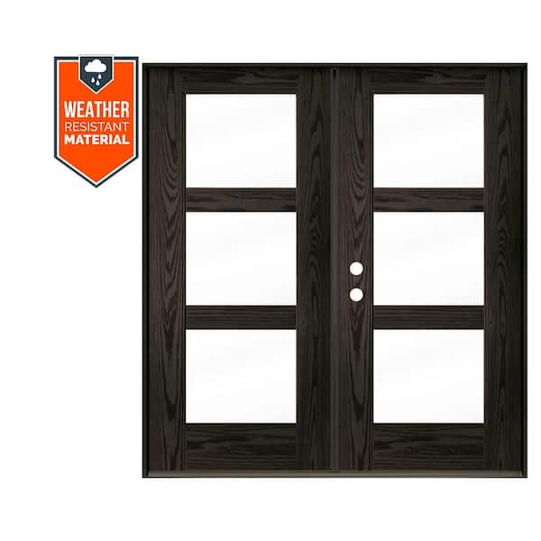 Modern 72 in. x 79 in. 3-Lite Right-Active/Inswing Clear Glass Baby Grand Stain Double Fiberglass Prehung Front Door