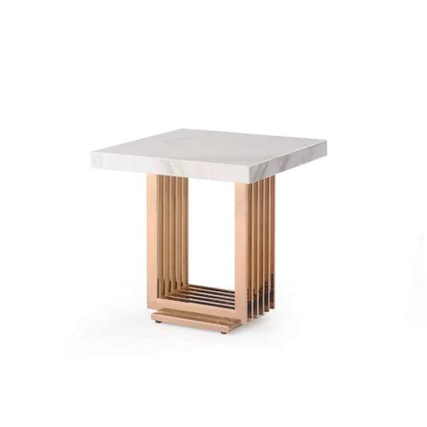 Benjara 22 in. White and Rose Gold Square Marble End Table with Metal Frame