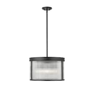 Carnaby 18.25 in. 5-Light Matte Black Shaded Pendant Light with Clear Ribbed Glass Shade, No Bulbs Included