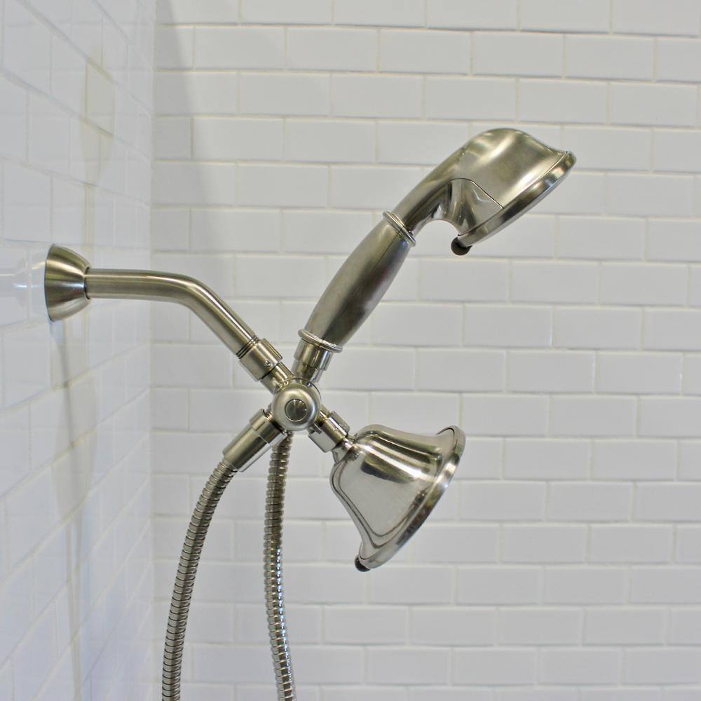 Brushed Nickel Dual Shower Head with Handheld and Pulse Function