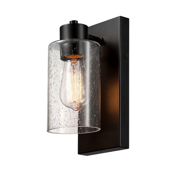 1-Light Dark Bronze Outdoor Cylinder Wall Sconce with Clear Seeded Glass Shade, No Bulb Included