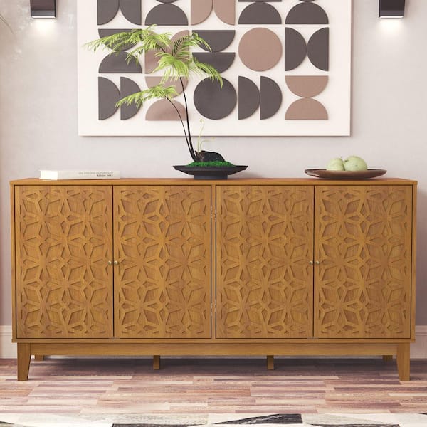 GALANO Verbus Origami Amber Walnut Wood 61.5 in. 4 Door Sideboard with Adjustable Shelves