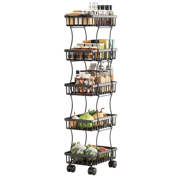 Xzkai 5-Tier Black ABS Kitchen Cart with Rolling Wheels