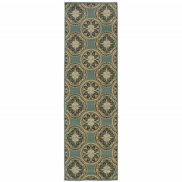 Blue, Ivory 2 ft. x 8 ft. Loomed Floral Polypropylene Rectangle Indoor/Outdoor Area Rug