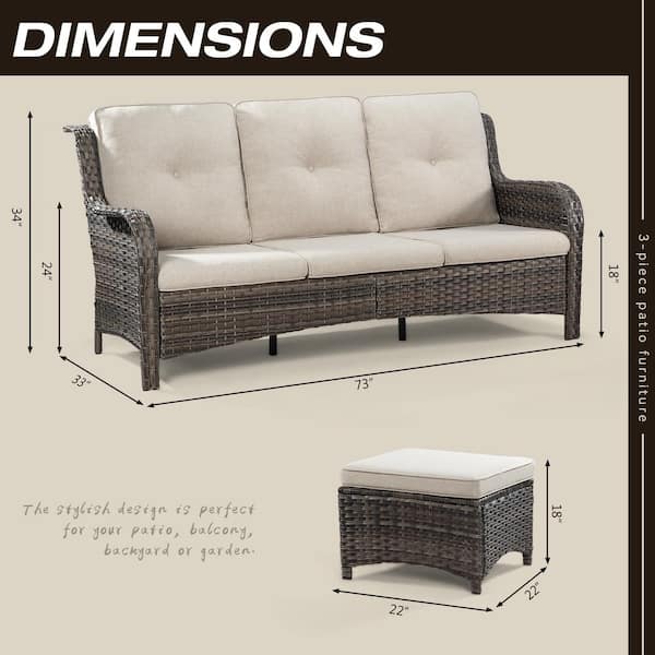 Wicker Outdoor Patio Sofa Sectional Set with Beige Cushions and Ottoman