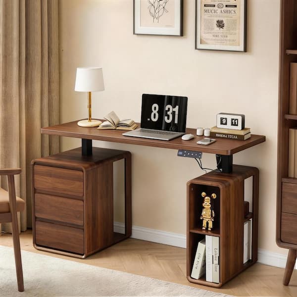ATHMILE 43.3 in.H Electric Rectangle Walnut MDF Stand Desk with