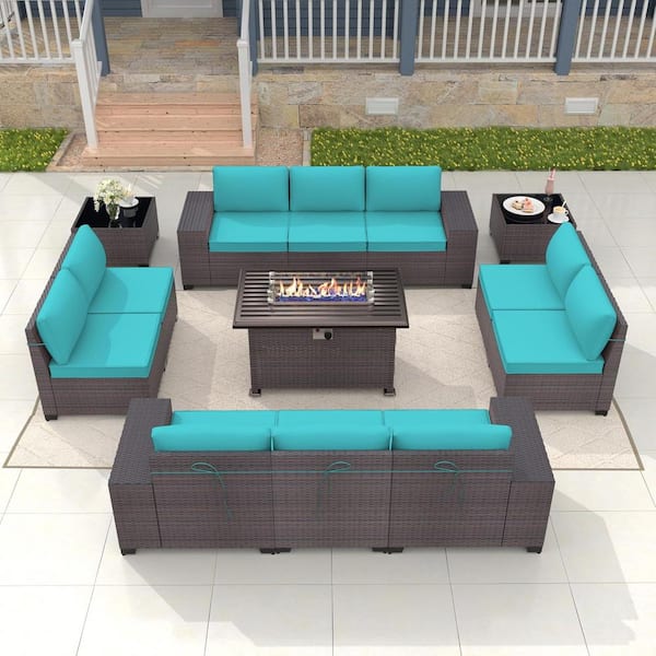 Halmuz 13-Piece Wicker Patio Conversation Set with 55000 BTU Gas Fire Pit Table, Glass Coffee Table, Cushions Blue, Garden