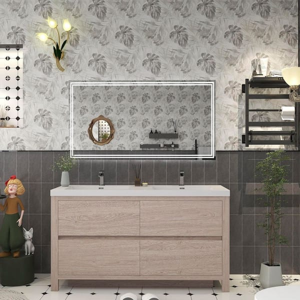 BV Better Vanity Louis 59 in. W x 20 in. D x 35 in. H Double Sink Freestanding Bath Vanity in Pink Wood with White Acrylic Top