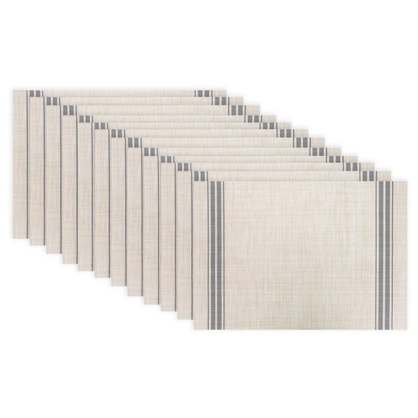 RITZ 19 in. x 13 in. Grey Stripe Chambray Reversible PVC and Polyester Woven Indoor Outdoor Placemats (Set of 12)