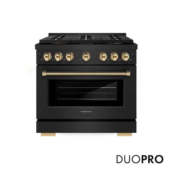 Autograph Edition 36 in. Black Stainless Paramount Dual Fuel Range with 6 Burner DuoPro Cooktop and Gold Helix Handle