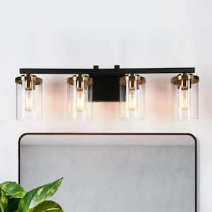27 in. 4-Light Black Vanity Light for Bathroom Modern Industrial Brass Gold Wall Light with Cylinder Clear Glass Shades