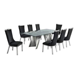 Becky 9-Piece Rectangular Glass Top With Stainless Steel Base Table Set With 8 Black Velvet Side Chairs
