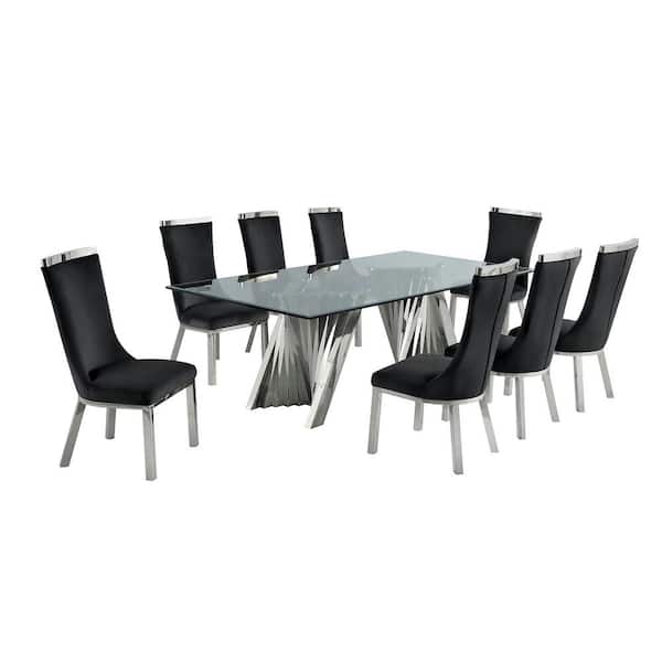 Best Quality Furniture Becky 9-Piece Rectangular Glass Top With Stainless Steel Base Table Set With 8 Black Velvet Side Chairs