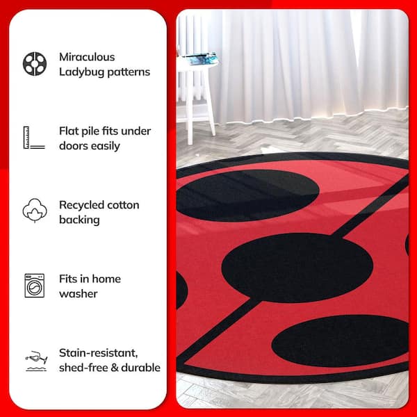 Well Woven Miraculous Ladybug Red 5 ft. 3 in. Round Miraculous Ladybug Symbol Area Rug