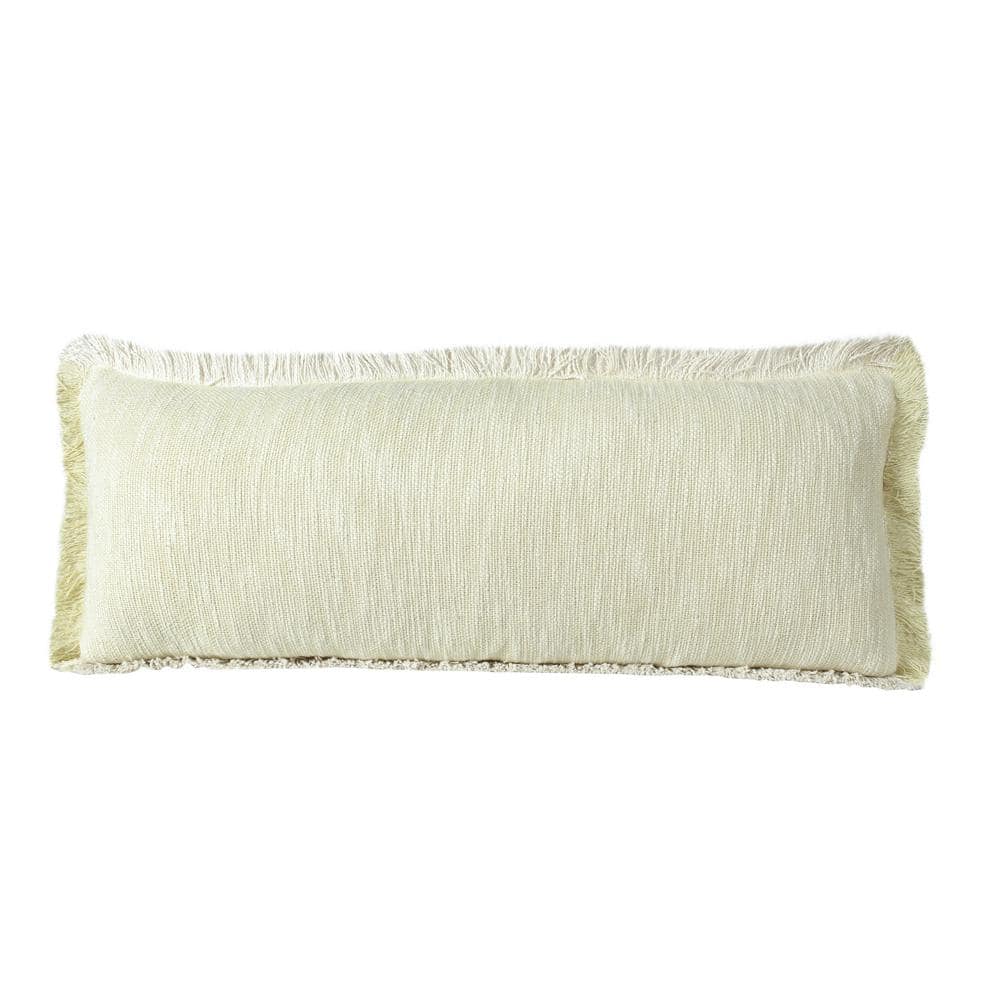 LR Home Unique Light Yellow White 14 in. x 36 in. Neutral 2-Tone Fringe Cotton Lumbar Indoor Throw Pillow