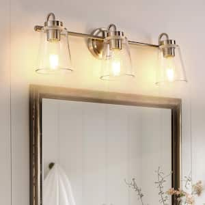 24 in. 3-Light Nickel Modern Bell Vanity Light for Bathroom Mirror with Clear Glass Shades