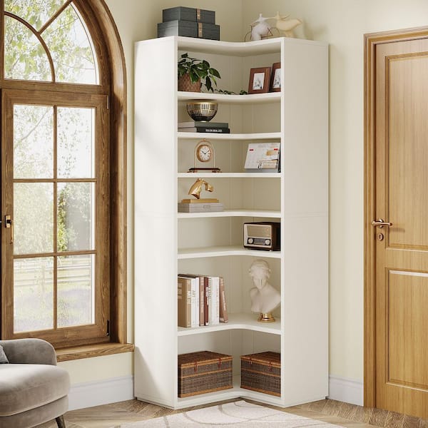 Eula 65 in. Tall White Wood 8-Shelf Etagere Standard Farmhouse Corner Bookcase Home Office Display Organizer