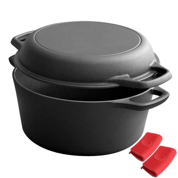 5 qt. Cast Iron Dutch Oven Pot with Skillet Lid and Dual Handles, Indoor Outdoor for Bread Baking, Frying, Camping, BBQ