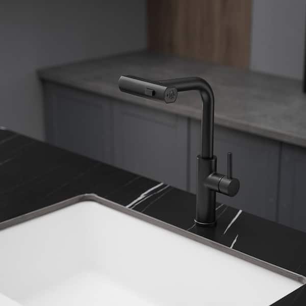 Tahanbath Single Handle Pull Out Kitchen Faucet in matte black