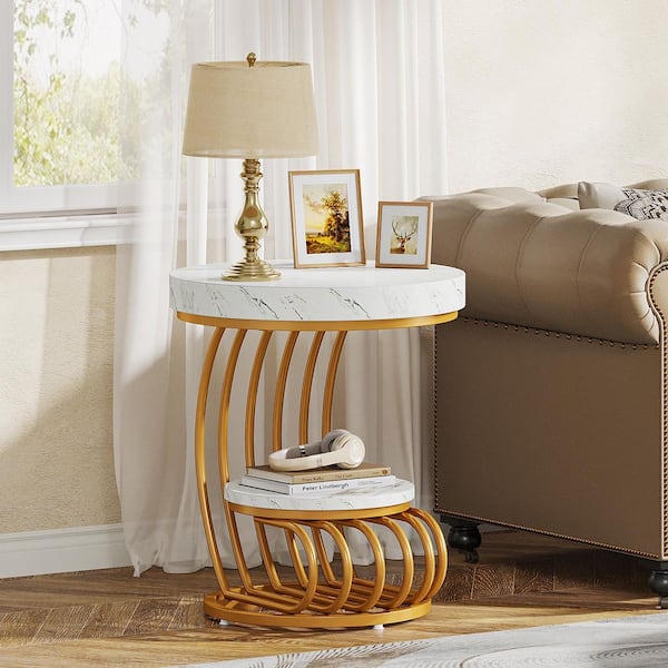 BYBLIGHT Kerlin 19.68 in. White Gold Round Wood End Side Tables Living Room