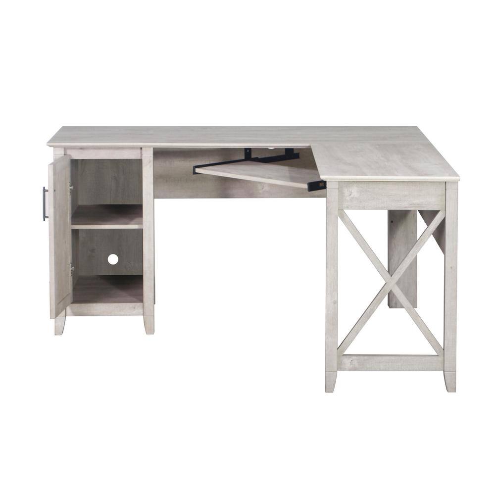 Washed Gray Wood Corner L-Desk with Keyboard Tray and Filing Cabinet