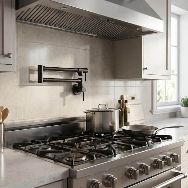 Wall Mounted Pot Filler with Double Handle in Oil Rubbed Bronze