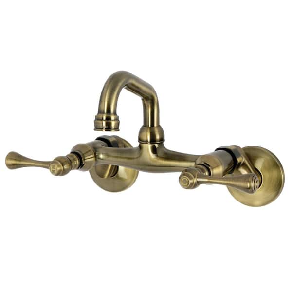 Kingston 2-Handle Wall Mount Bar Prep Faucet in Antique Brass