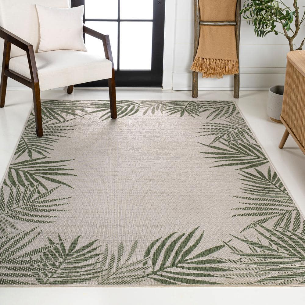 Isla Green and Cream Synthetic 3 x 5 Palm Frond Area Rug