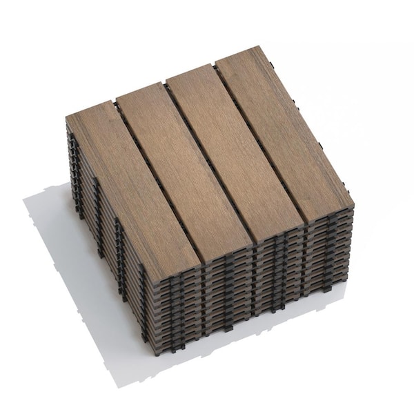11.8 in. Oak WPC Wood-Plastic Patio Floor Tiles, Water Resistant Deck Tiles Interlocking Decking Tiles, Set of 22