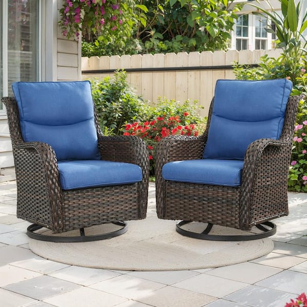 Smiley 3-Piece Outdoor Swivel Glider Brown Wicker Patio Conversation Set with Olefin 5 in. Thick Blue Cushions