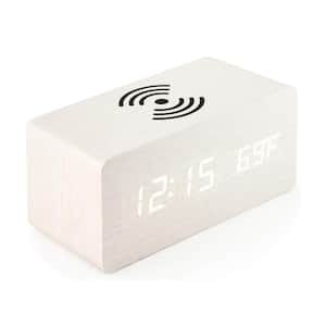 White LED Digital Alarm Clock with Qi Wireless Charging, Sound Control, Date, Temperature Display, Table Clock