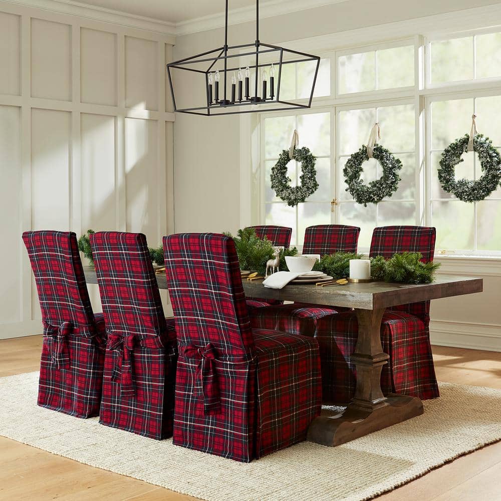 Cove Plaid Cotton Canvas 2-Pack Long Dining Room Parsons Chair Slipcovers