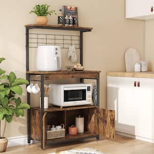 Rustic Brown 31.5 in. W 3-Tier Metal and Wood Baker's Rack with Storage Cabinet and Adjustable Feet