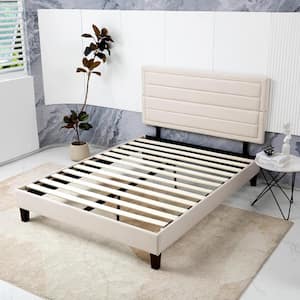 60 in. W Beige Queen Size Bed Frame Upholstered Platform with Headboard Wood Slats Mattress Foundation