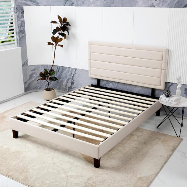 WONDER COMFORT 60 in. W Beige Queen Size Bed Frame Upholstered Platform with Headboard Wood Slats Mattress Foundation
