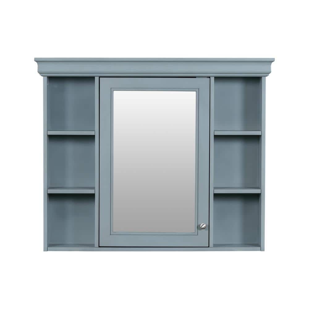 35 in. W x 28 in. H Rectangular Medicine Cabinet with Mirror and 6-Open Shelves in Blue
